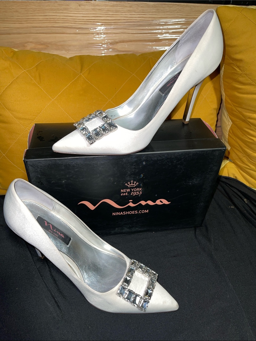 Nina White Satin Pointed-Toe Pumps with Crystal Buckle